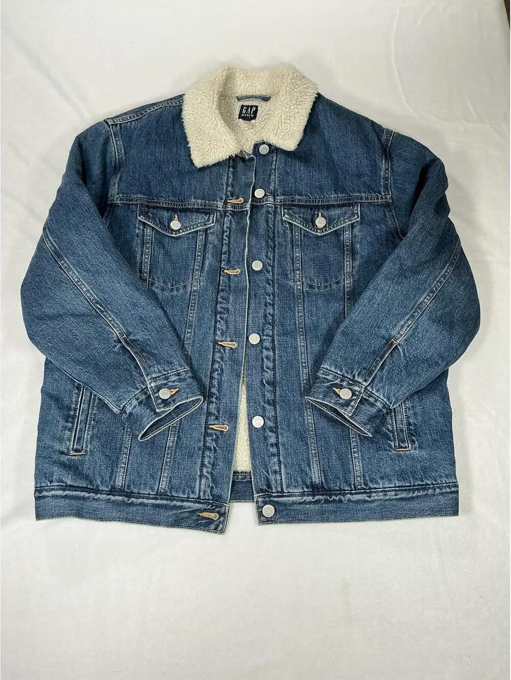 GAP Oversized Sherpa-Lined Denim Trucker Jacket Medium‎ Indigo Men's Size M